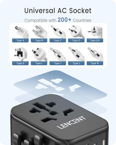 LENCENT Universeller Reiseadapter GaN III 30W, International Adapter mit 2 USB-A&3 USB-C PD Schnelll