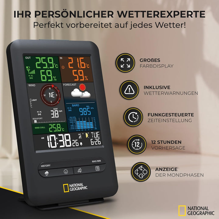 National Geographic Wetterstation Funk mit Aussensensor Wetter Center 5-in-1 Colour mit Aussensensor