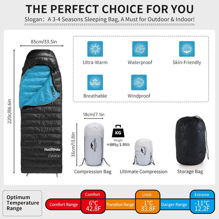 Naturehike CW-Serie RDS Daunenschlafsack,Ultraleichte Tragbare Kompackte Daunen Schlafsack 4 Jahresz