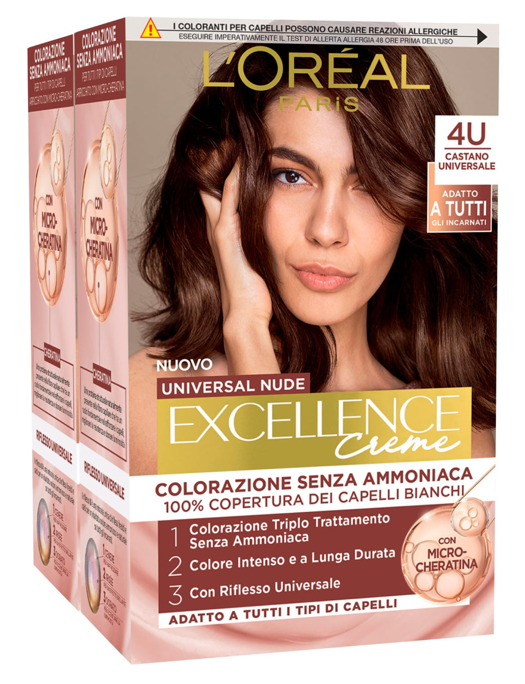 2 x L'Oréal Paris Excellence Creme Universal Nude Permanent, Dunkelbraun 4U, dreifach Behandlung – 2