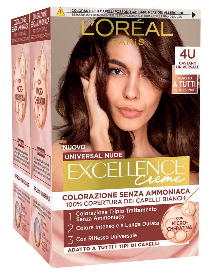 2 x L'Oréal Paris Excellence Creme Universal Nude Permanent, Dunkelbraun 4U, dreifach Behandlung – 2