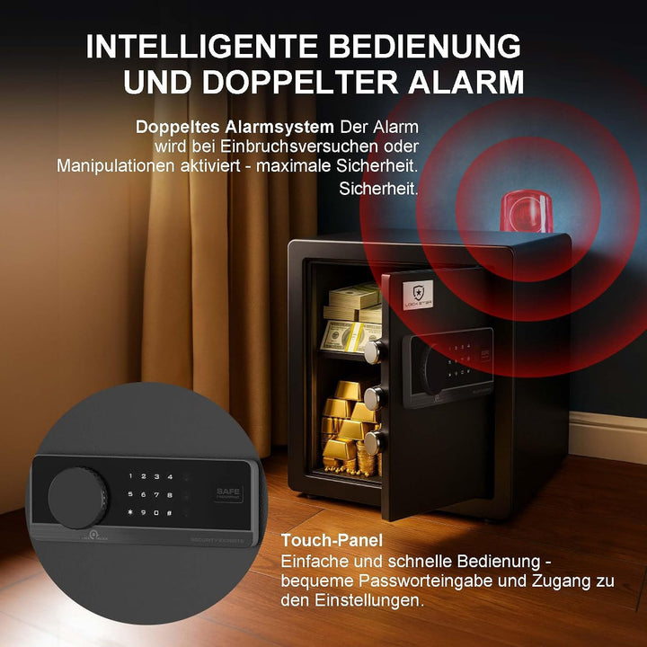 EXTRALINK Tresor für Zuhause – Elektronischer Safe mit Touchscreen, Doppelalarm, Feuerfest, Wandmont
