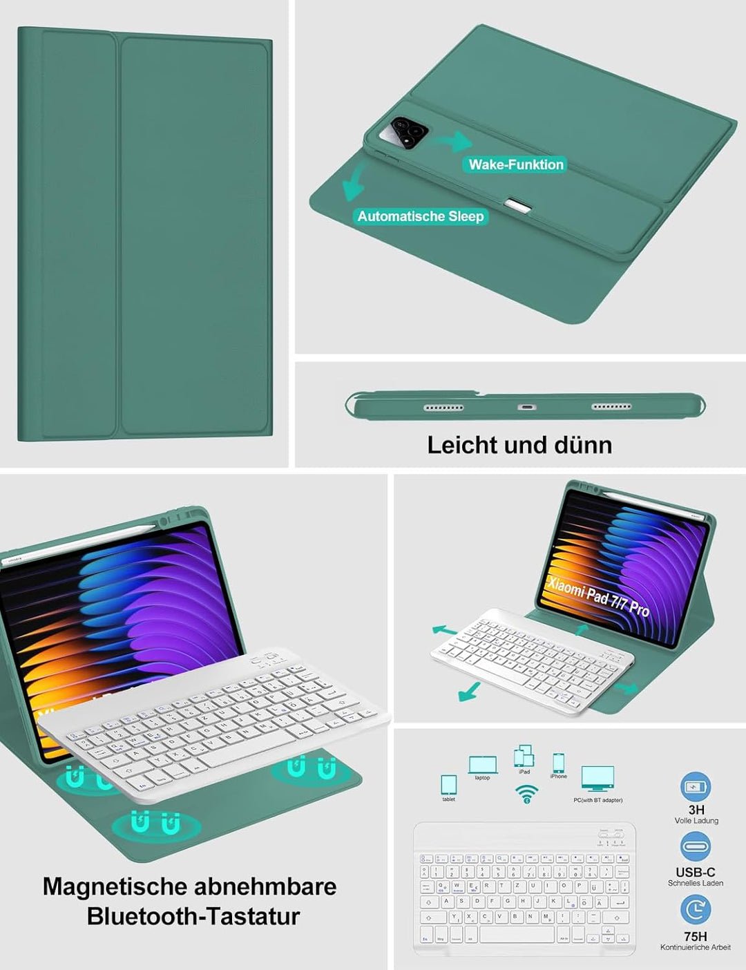 Tastatur Hülle für Xiaomi Pad 7/7 Pro 11.2 Zoll 2024, Deutsches QWERTZ, Magnetisch Abnehmbarer Deuts