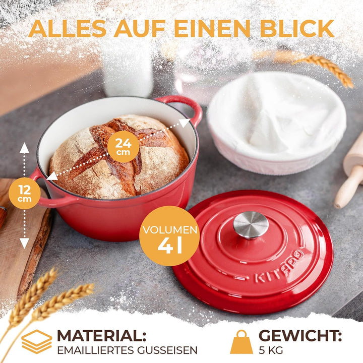 Gusseisen Topf [inkl. Gärkorb + Teigtuch] - Hochwertiger Emaille Topf 24cm - Idealer gusseiserner Br