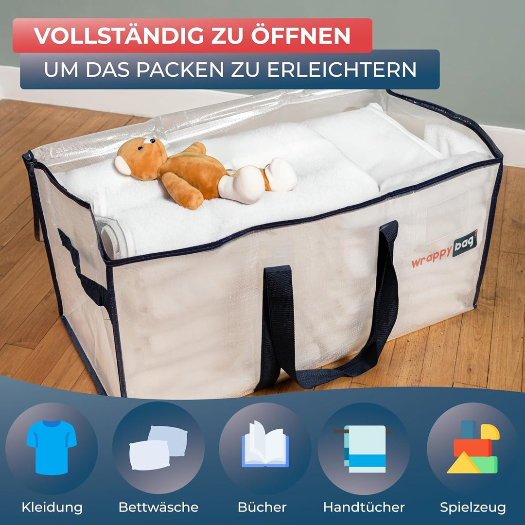 WRAPPYBAG im 4er-Pack Grosse Aufbewahrungstaschen aus transparentem Kunststoff – XXL-Tasche für Umzu