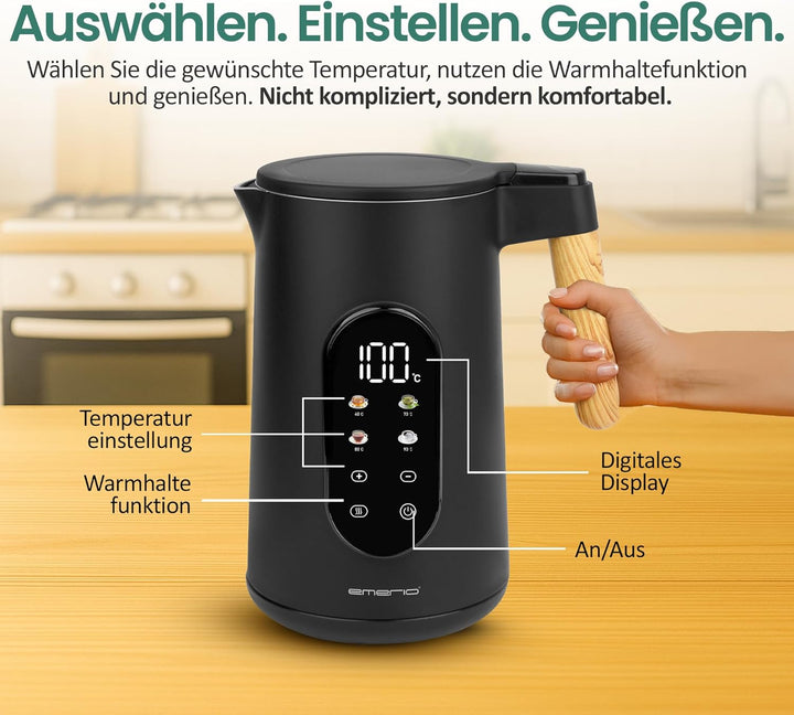 EMERIO Wasserkocher Edelstahl 1.7L | isolierte Doppelwand | Temperaturwahl 40-100°C in 5°C Schritten