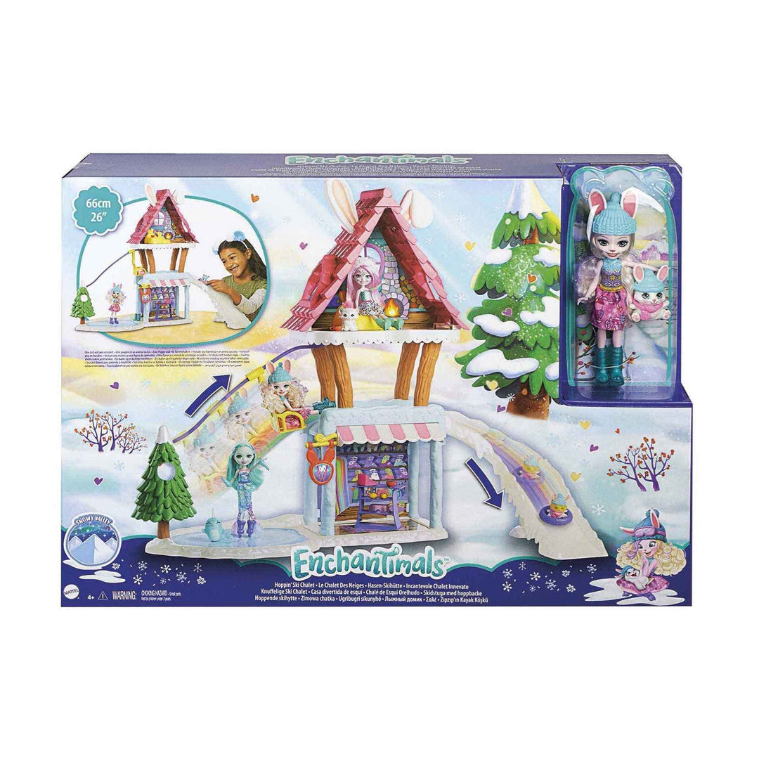 Enchantimals GJX50 - Hasen-Skihütte (ca. 63 cm) mit Bevy Bunny (ca. 15 cm), Tierfigur Jump, 5 Spielb