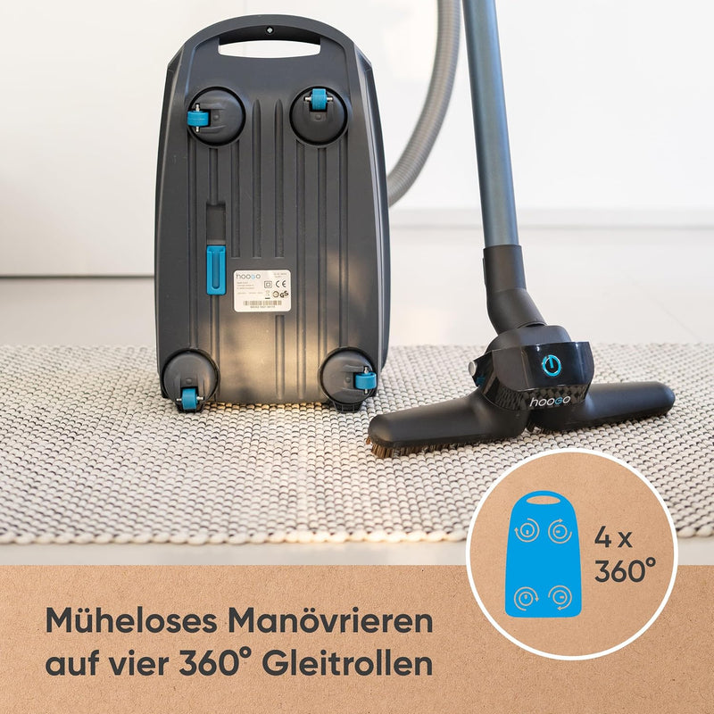 hoogo B3+ anthrazit mit Flipflop Bodendüse | Staubsauger mit Beutel | Starke 850 W Saugleistung | HE