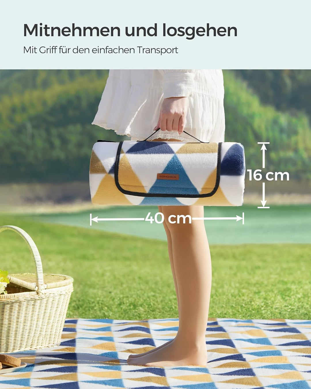 SONGMICS Picknickdecke, 200 x 150 cm, gross, Campingdecke, für Park, Garten, Strand, wasserdicht, fa
