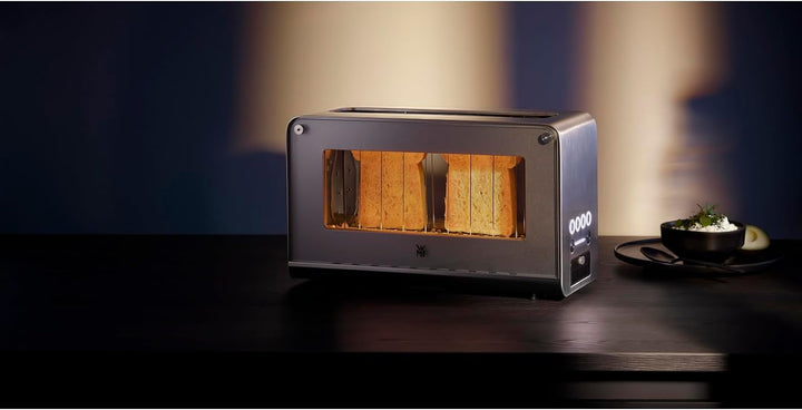 WMF Lono Toaster Glas mit Brötchenaufsatz, 2 Scheiben, XXL, motorisierte Toastaufnahme, Aufwärm-Funk