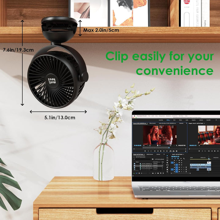 Minthouz USB-Tischventilator mit Clip | 7200mAh Ventilator Akku | 4 Geschwindigkeiten Tragbarer Mini