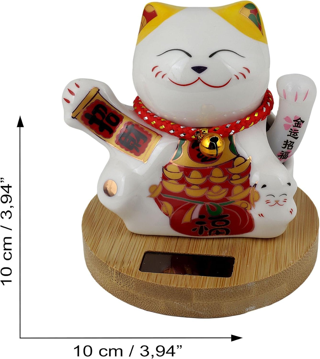 Freak Scene Glückskatze Keramik 10cm weiss Bambussockel Solar Maneki-Neko Winkekatze Lucky cat Model