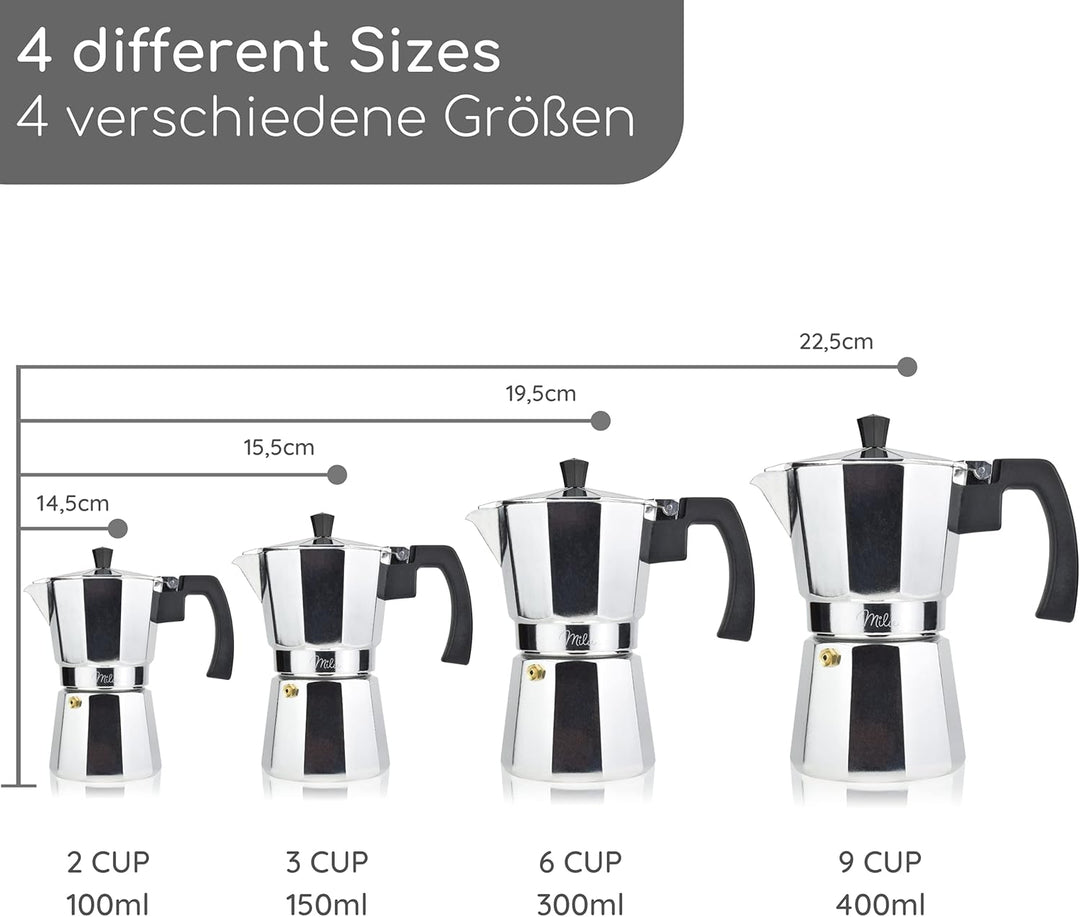 Milu Espressokocher (No Induktion) | 2, 3, 6, 9 Tassen | Aluminium Mokkakanne, Espressokanne, Espres