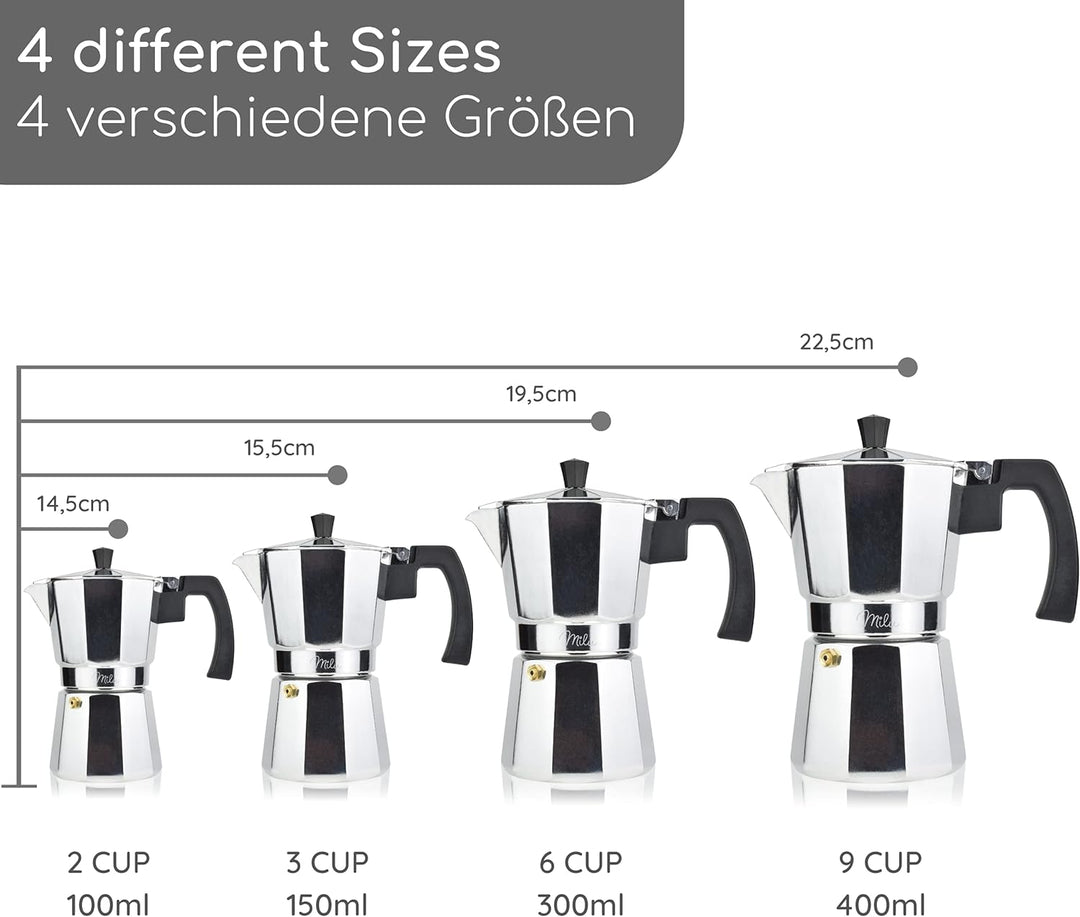 Milu Espressokocher (No Induktion) | 2, 3, 6, 9 Tassen | Aluminium Mokkakanne, Espressokanne, Espres