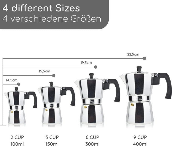 Milu Espressokocher (No Induktion) | 2, 3, 6, 9 Tassen| Aluminium Mokkakanne, Espressokanne, Espress