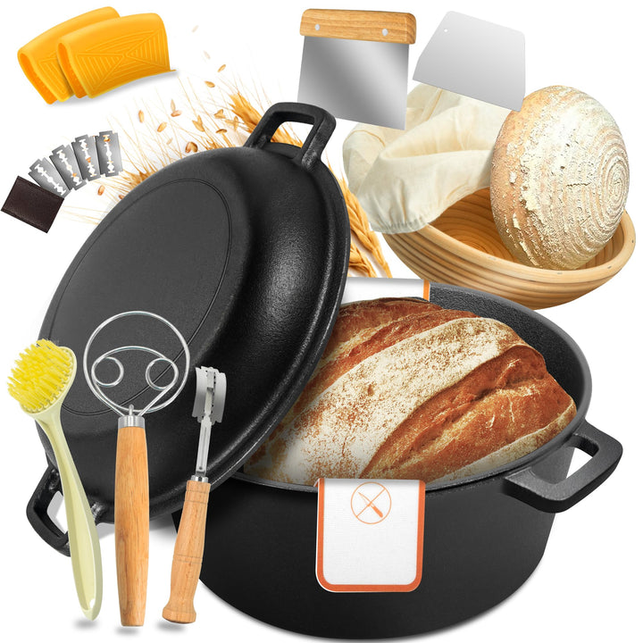 W&H Gusseisen Topf Brot Backen, 26cm Brotbackform mit Deckel Inkl Gärkorb und Teigschaber,5L Vorgewü