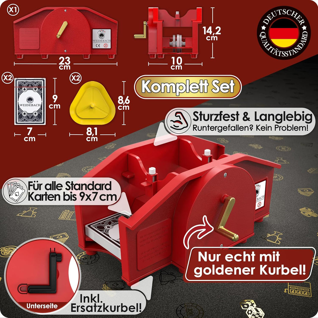 rot Kartenmischmaschine mit Goldener Kurbel für alle Standard Kartenspiele, Kartenmischer mit 2X Kar
