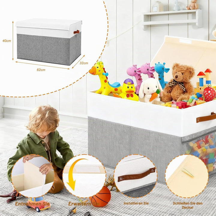 Spielzeugkiste mit Deckel, EXTRA GROssE Faltbare Aufbewahrungsbox Kinder 62x32x40 cm mit Tragengriff