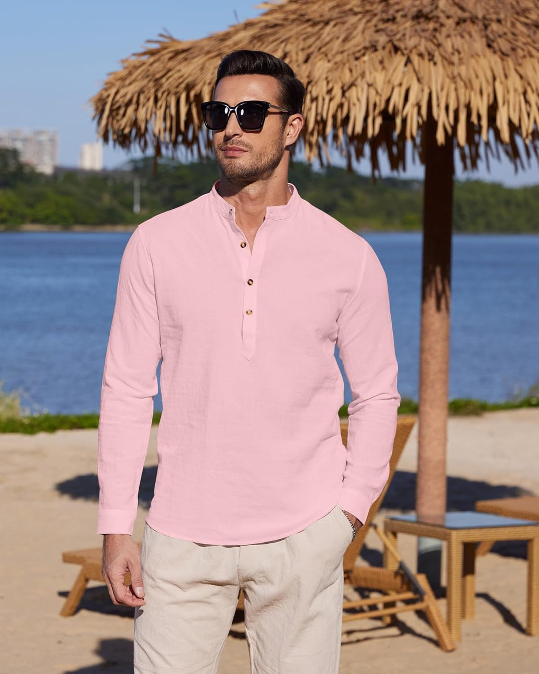 YAOBAOLE Herrenhemd, Leinen, Langarm, Sommer, Mao, lässig, Henley, Strandhemd, klassisch M Farbe: Ro