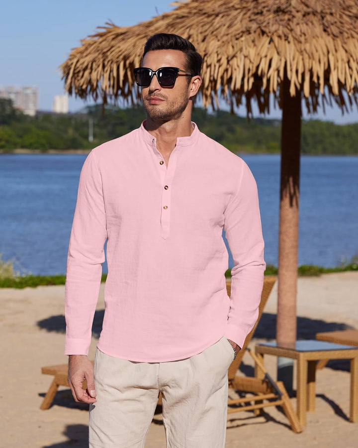 YAOBAOLE Herrenhemd, Leinen, Langarm, Sommer, Mao, lässig, Henley, Strandhemd, klassisch M Farbe: Ro