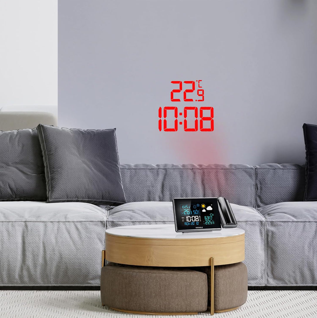 Kienzle Funk-Wetterstation mit Projektion, Farbdisplay, Aussensensor, Schimmelwarnung, 2 Weckzeiten