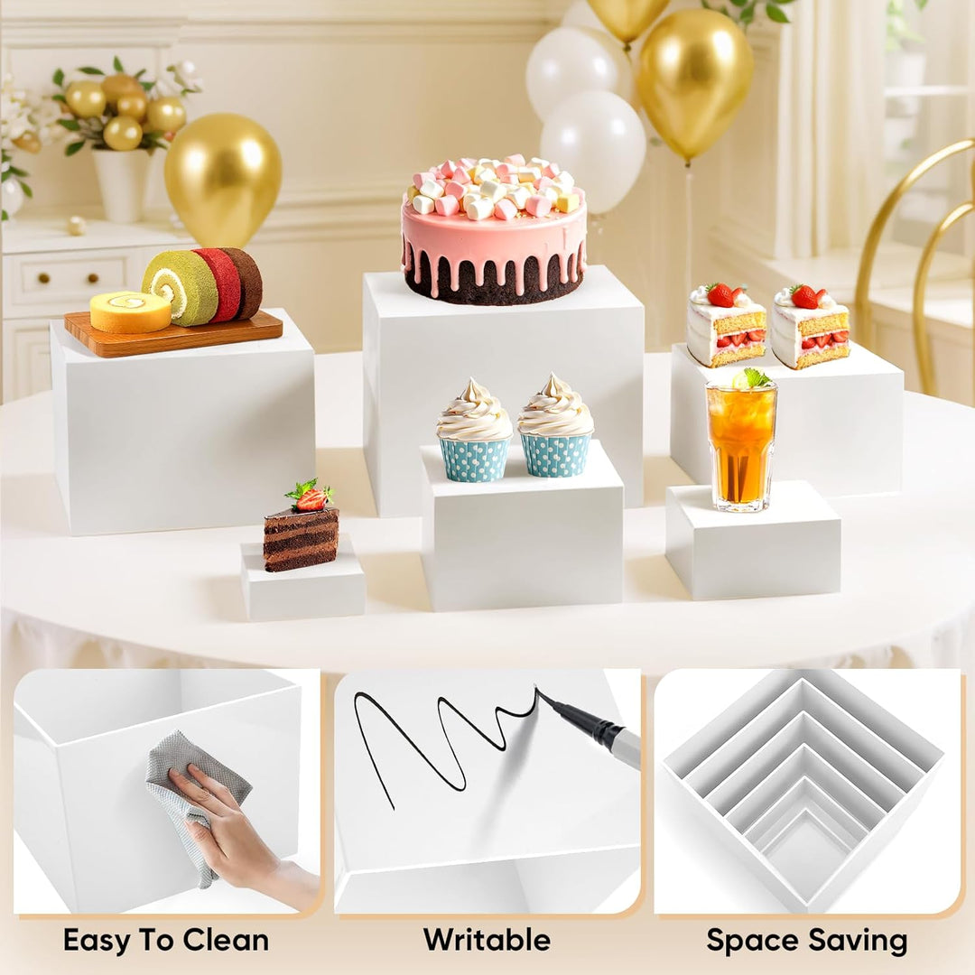 Acryl Buffet Ständer Set, 6 Stück, Weiss, 7,5-20 cm Höhe, Dessert Präsentationsständer für Catering
