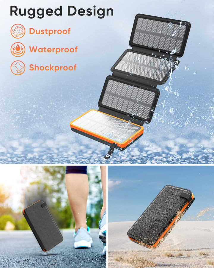 Hiluckey Solar Powerbank 25000mAh mit 4 Solarpanels, 3A Schnelles Aufladen USB C Tragbares Solar Lad