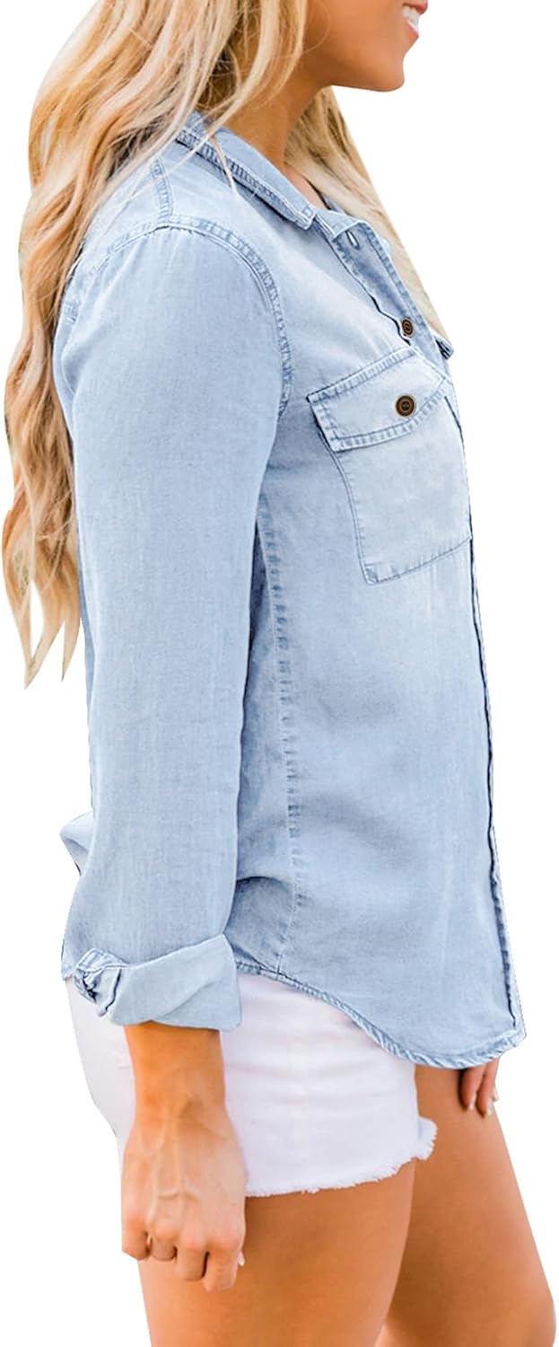 Roskiky Jeanshemd Damen Bluse Damen Western Hemden Tunika Damen Langarm Button Down Oberteile Damen
