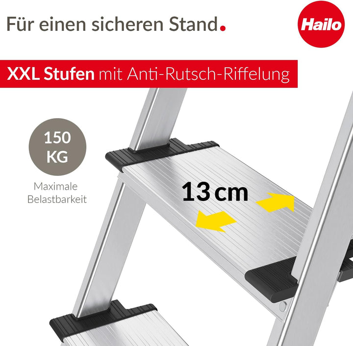Hailo L85 ComfortLine Alu-Sicherheits-Stehleiter | 5 XXL-Stufen belastbar bis 150 kg | tiefe Standfl