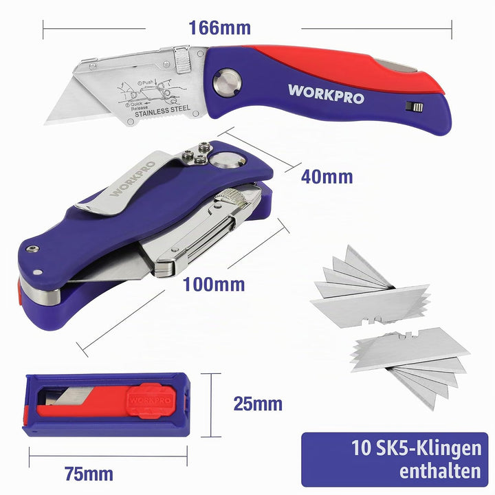 WORKPRO Teppichmesser Faltbares Universalmesser, Cutter Messer mit Klingenaufbewahrung und Gürtelcli