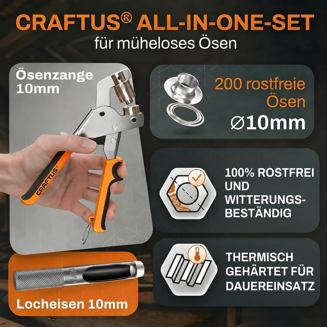 CRAFTUS® Profi Ösenzange Set mit 200 rostfreien Ösen (Ø 10mm) I Magnetische Ösenpresse aus gehärtete