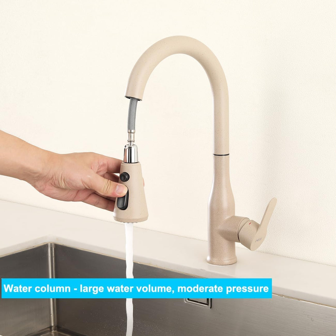ONECE Küchenarmatur Weizenfarbe mit ausziehbar Brause 3 Duschmodi, Hochdruck Wasserhahn Küche Spülti