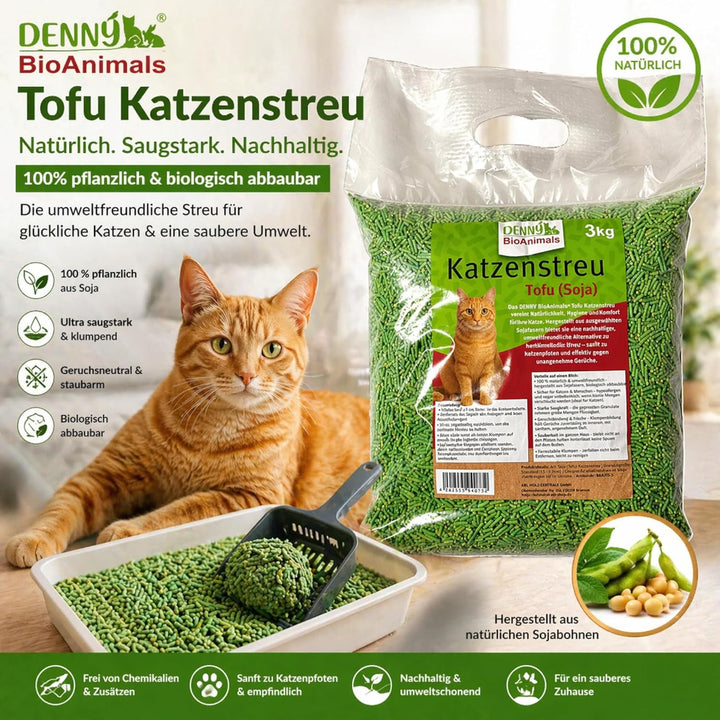 Tofu Katzenstreu 15 kg (5 Säcke je 3 kg), 40L – 100% natürlich &amp; biologisch abbaubar – Ultra saugsta