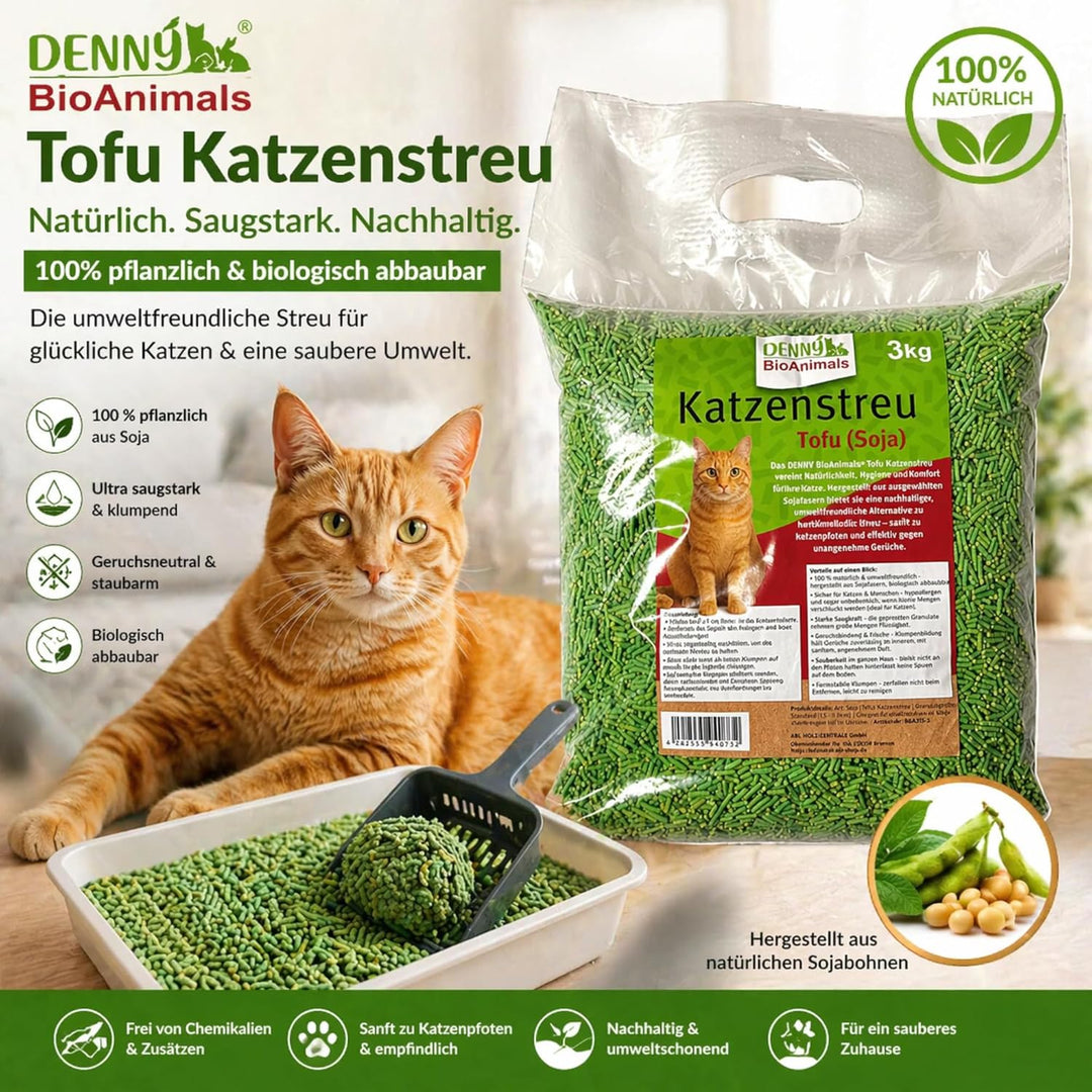 Tofu Katzenstreu 9 kg (3 Säcke je 3 kg), 24 L, – 100% natürlich &amp; biologisch abbaubar – Ultra saugst