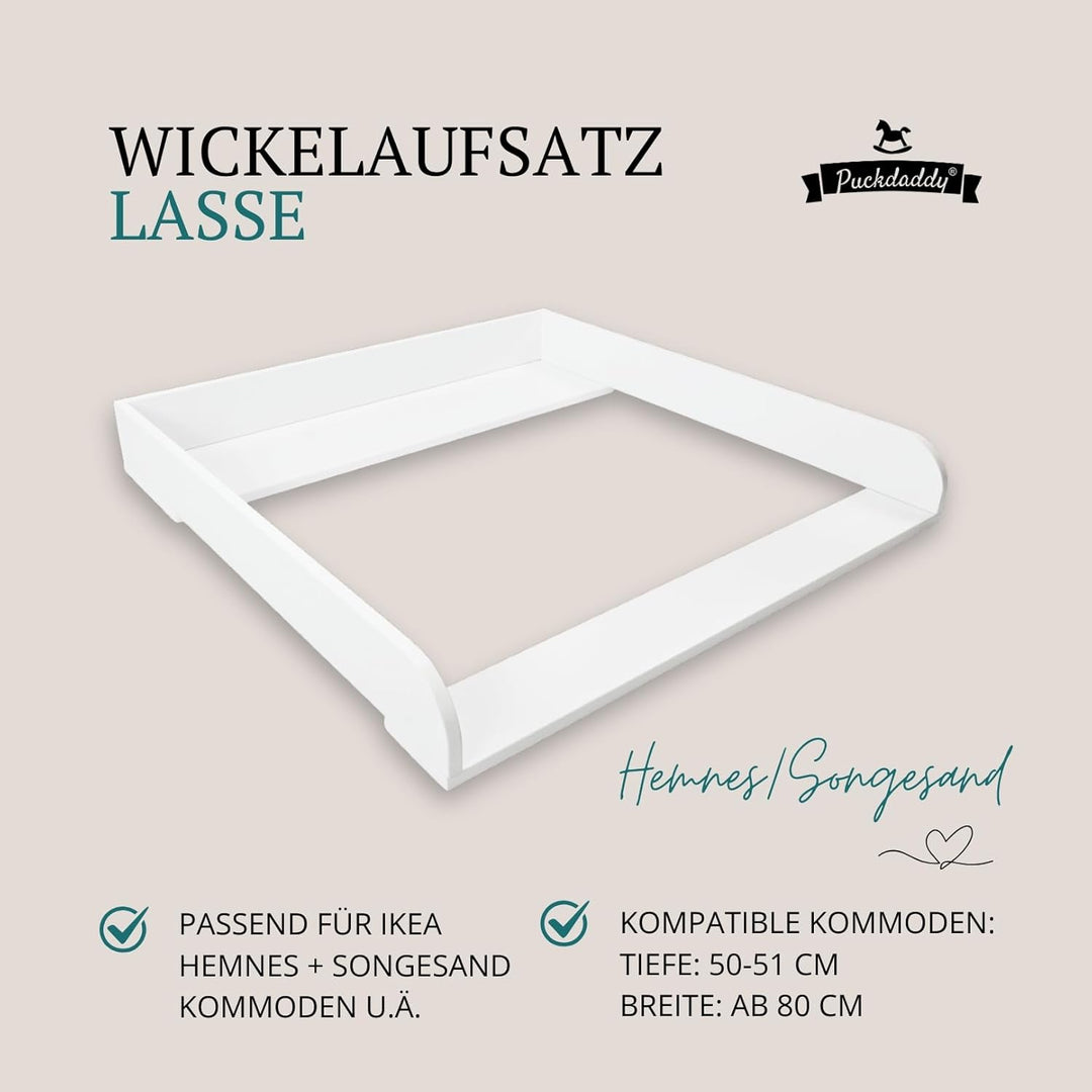 Puckdaddy – Wickelaufsatz Lasse kompatibel mit Hemnes Kommode u.Ä. – 80x80x10 cm aus Holz in Weiss –