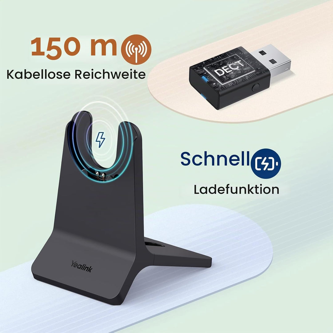 Yealink WH64 Hybrid DECT &amp; Bluetooth Wireless Headset mit 3 Mikrofonen für die Arbeit mit Ladestände