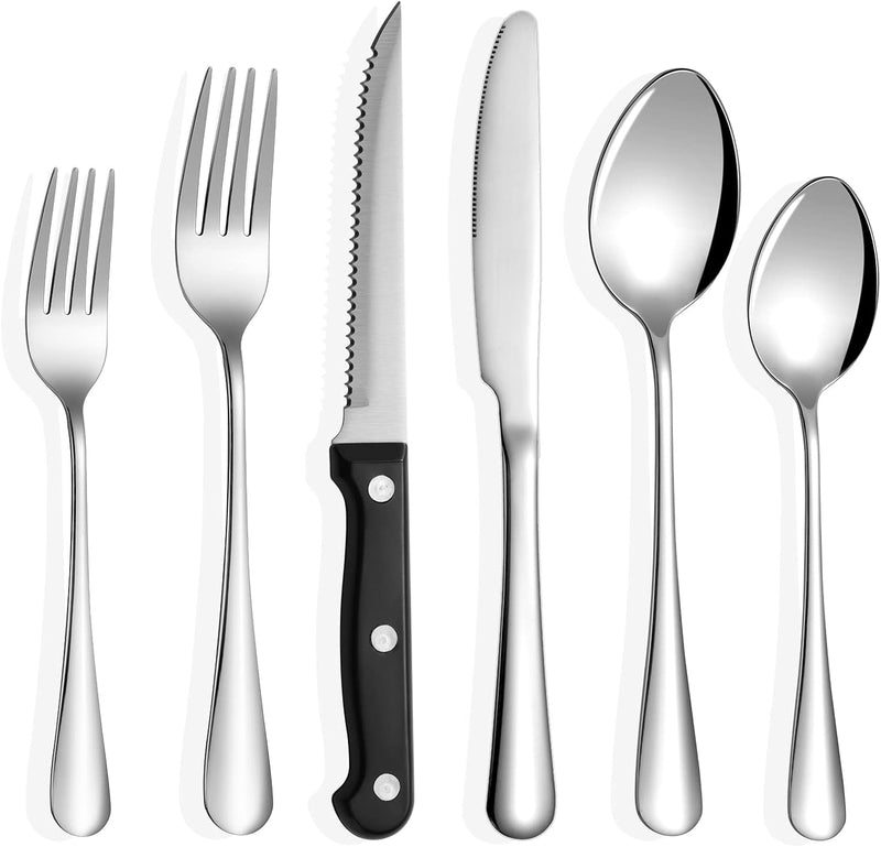 Soleebee Besteck Set für 8 Personen, 48-teiligs Edelstahl Besteck Spiegelpoliert mit Steakmesser Gab