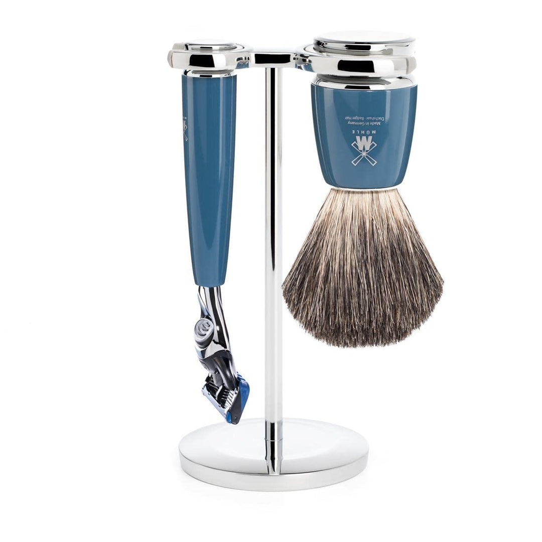 MÜHLE Rytmo Rasierset - Rasierer kompatibel mit Gillette-Klingen, Rasierpinsel reines Dachshaar, Hal