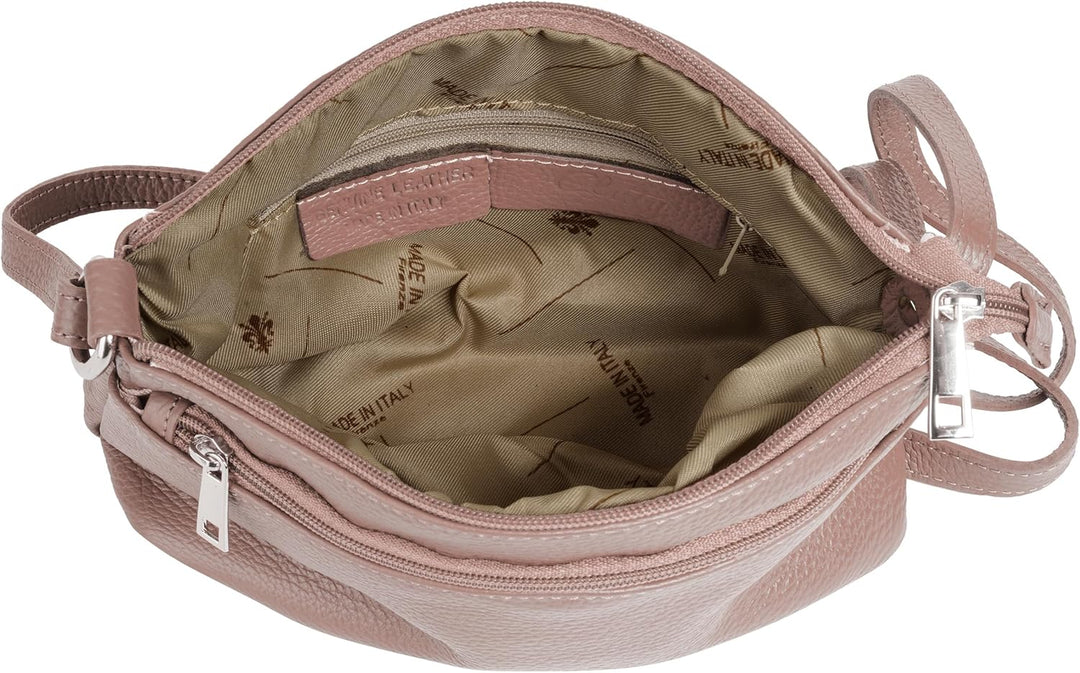 Umhängetasche Echt Leder Damen Made in Italy, Crossbody Bag, Messenger Bag mit Reissverschluss, Schu