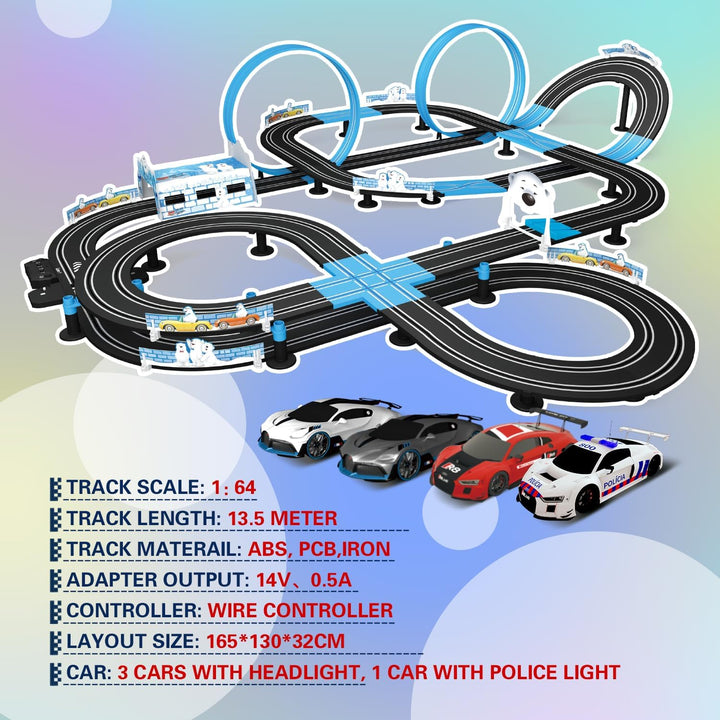 Slot Car Racing Set mit LED-Rundenanzeige, Hochgeschwindigkeit, Tankstopp, Sprachfeedback, 4 lizenzi
