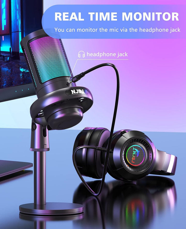 NJSJ Mikrofone PC, Gaming Microphone for PS4 PS5, RGB USB C Podcast Mikrofone with Mute Button, Trip