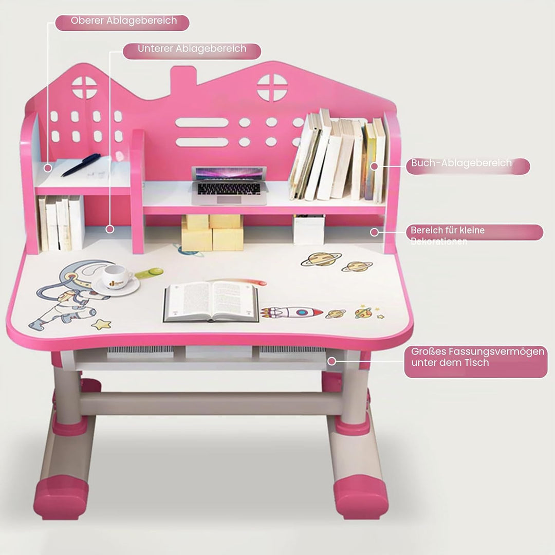 Kinderschreibtisch,Rosa Kinder-Studientisch,Schreibtisch und Stuhl-Set,rutschfest Stabiler Kindersch