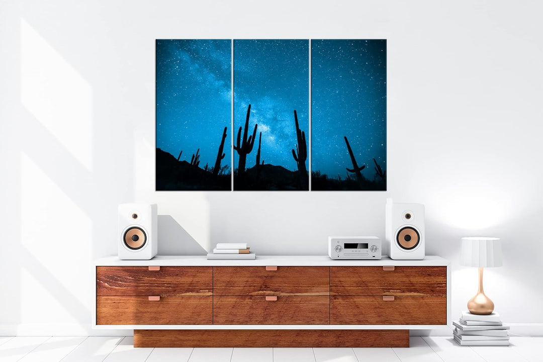 atemberaubender Sternenhimmel in der Wüste Effekt: Zeichnung Format: 3-teilig 120x80, Motiv fertig g