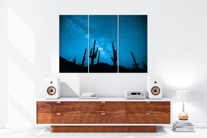 atemberaubender Sternenhimmel in der Wüste Effekt: Zeichnung Format: 3-teilig 120x80, Motiv fertig g