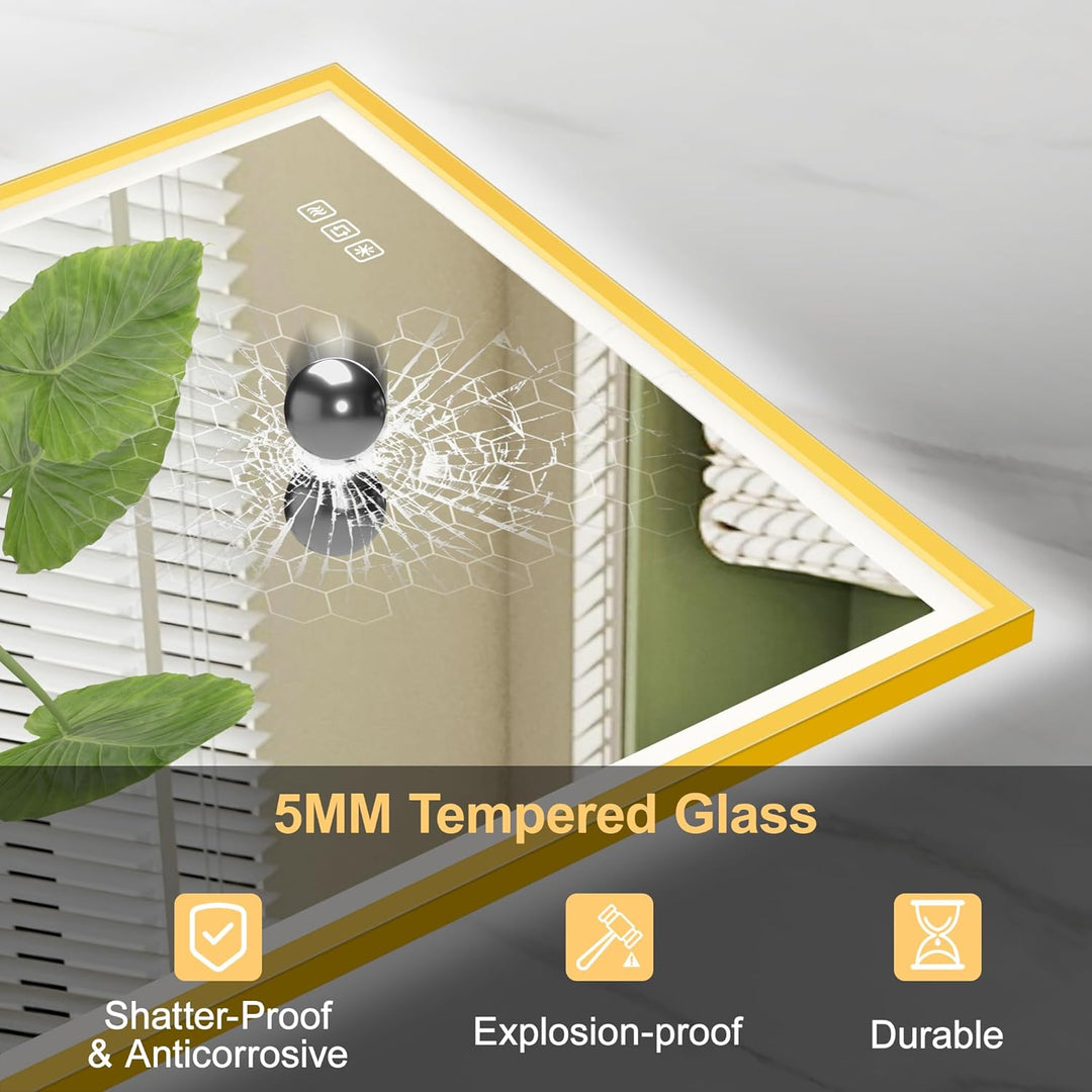 furduzz LED Badspiegel Rechteckig mit Gold Aluminiumrahmen, 700x500mm Wandspiegel aus Sicherheitsgla