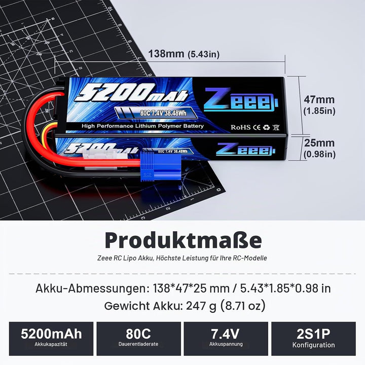 Zeee 2S Lipo Akku 5200mAh 7,4V 80C Hardcase Batterie mit EC5 Stecker für RC Evader BX Auto Car Truck