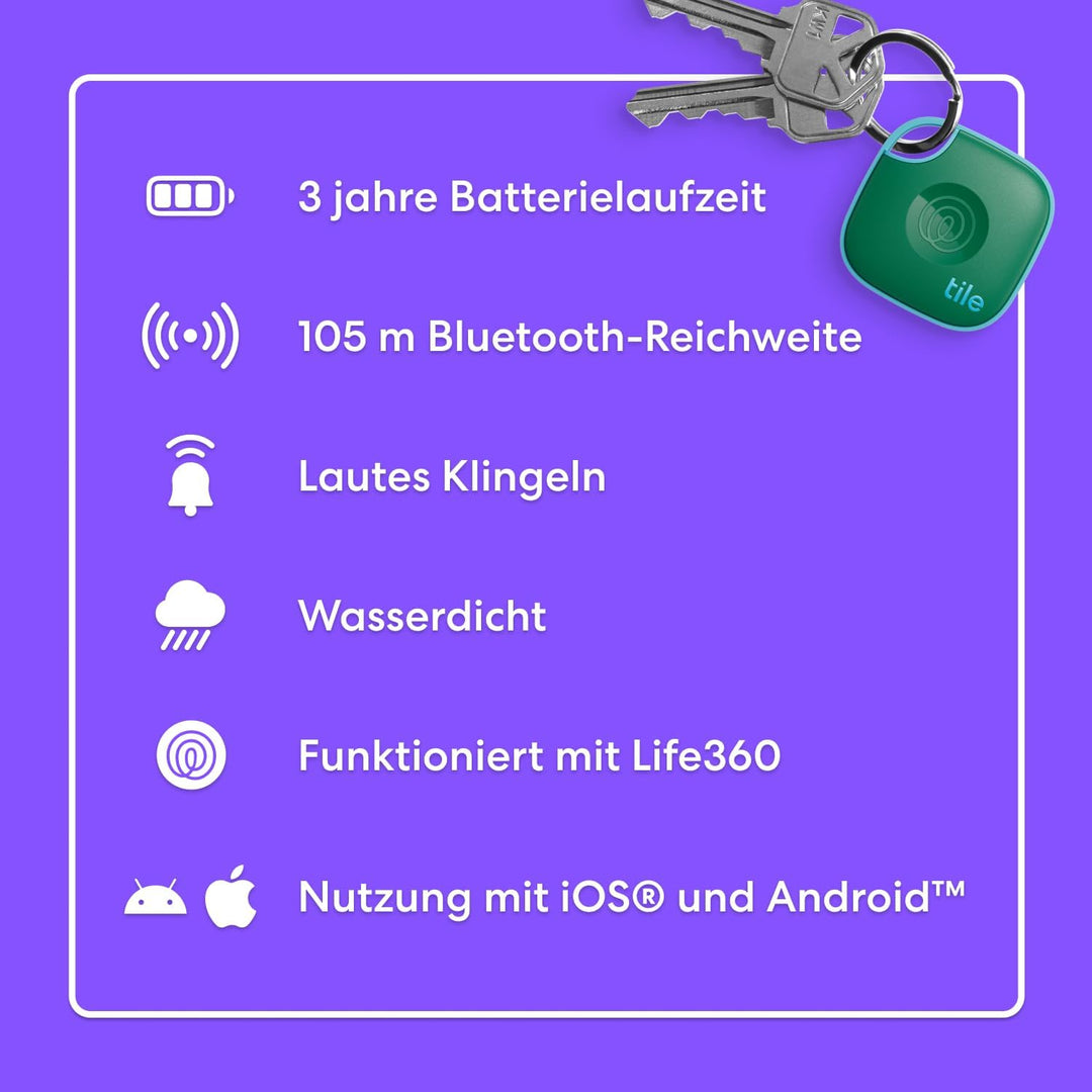 Tile by Life360 Mate - Bluetooth-Tracker, Schlüssel- und Gegenstandsfinder für Schlüssel, Taschen un