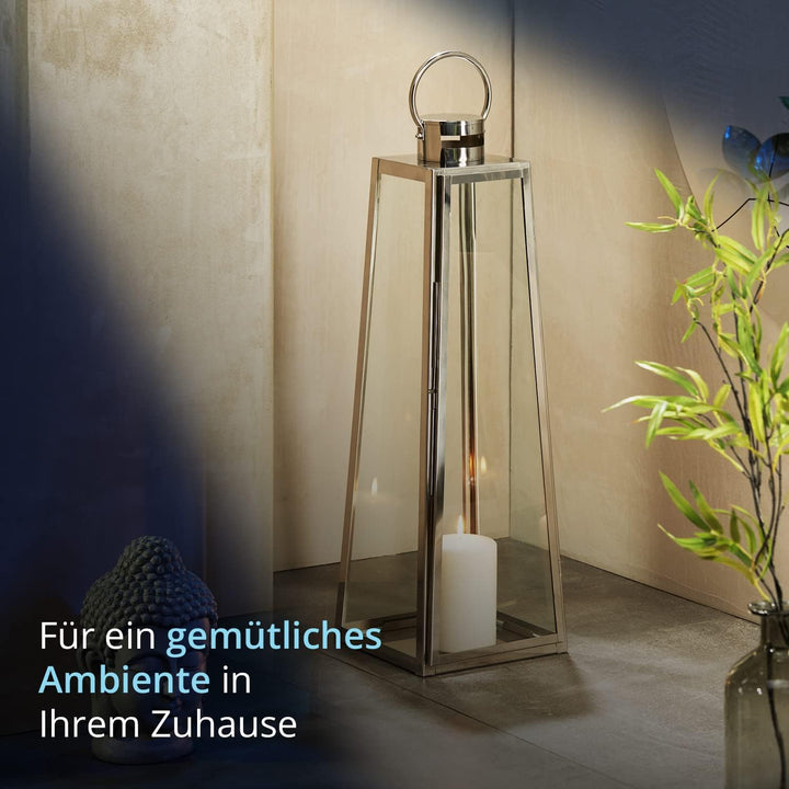 KHG Laterne 70 cm in Silber aus Stahl/Glas, pyramidenförmig, praktischer Tragegriff Kerzenständer, K