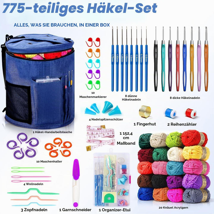 75 Farben Häkelwolle Set, Grosse Stricktasche, 20 Garnfarben, komplettes Set Mit Strickzubehör Einsc
