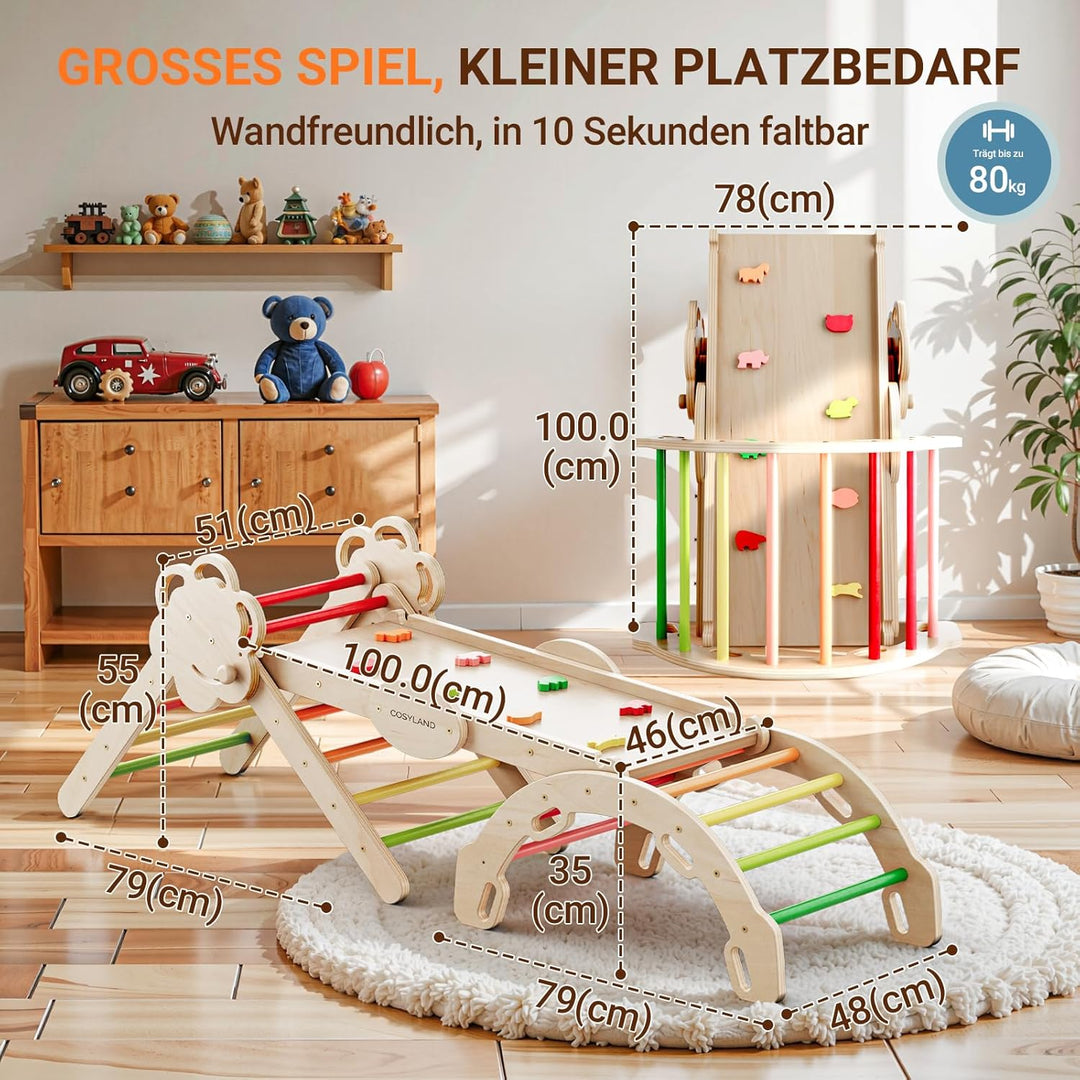 COSYLAND 8-in-1 Klettergerüst Indoor L – Grosses Kletterdreieck Set mit Kletterbogen & Rutsche – War
